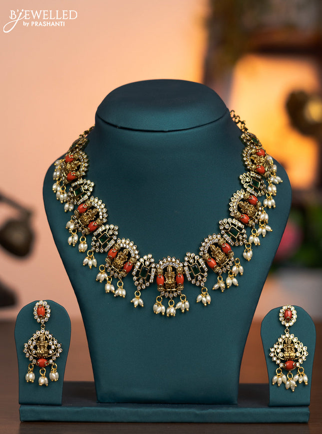 Antique necklace lakshmi design with pavalam green kemp & cz stones and pearl hangings