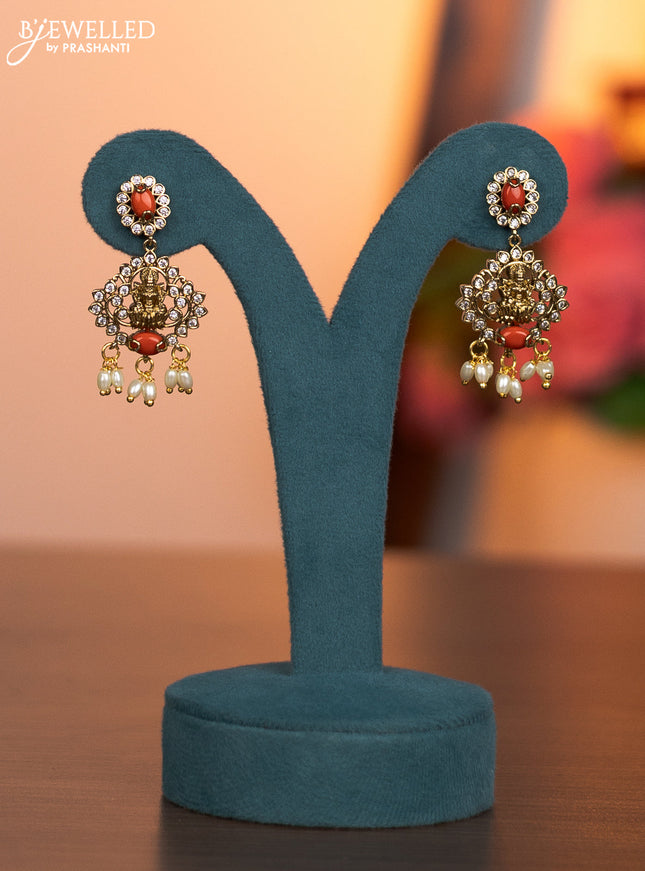 Antique necklace lakshmi design with pavalam green kemp & cz stones and pearl hangings