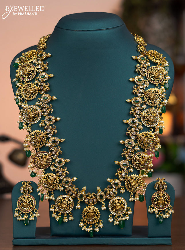 Antique haaram lakshmi design with kemp & cz stones and pearl & green beads hanging