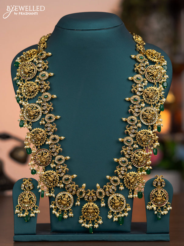 Antique haaram lakshmi design with kemp & cz stones and pearl & green beads hanging