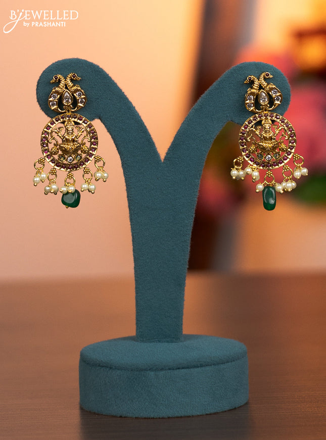 Antique haaram lakshmi design with kemp & cz stones and pearl & green beads hanging