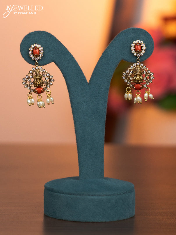 Antique haaram lakshmi design with pavalam green kemp & cz stones and pearl hangings