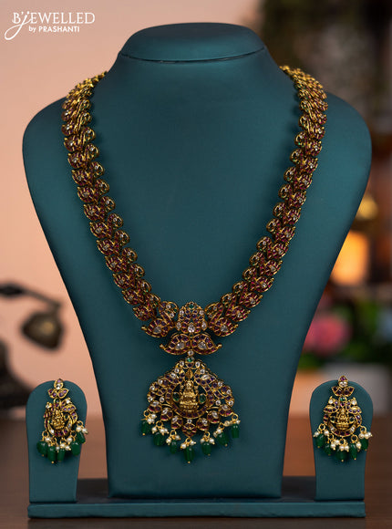 Antique haaram lakshmi & manga design with removable pendant and kemp & cz stones and green beads hanging