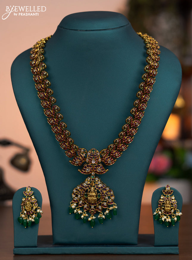 Antique haaram lakshmi & manga design with removable pendant and kemp & cz stones and green beads hanging