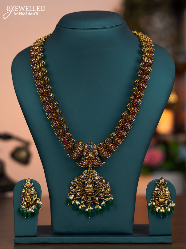 Antique haaram lakshmi & manga design with removable pendant and kemp & cz stones and green beads hanging