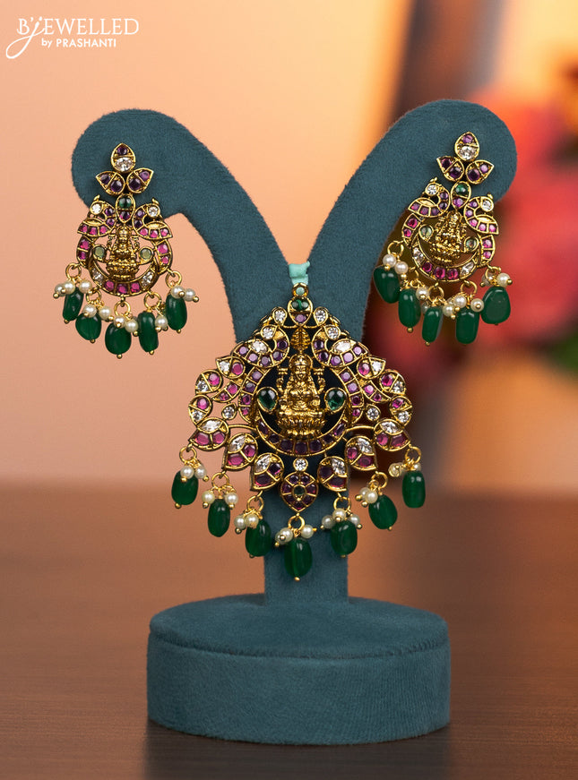 Antique haaram lakshmi & manga design with removable pendant and kemp & cz stones and green beads hanging