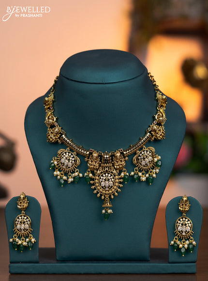 Antique necklace lakshmi design with kemp & cz stones and pearl & green beads hanging