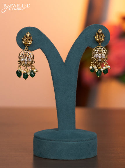 Antique necklace lakshmi design with kemp & cz stones and pearl & green beads hanging