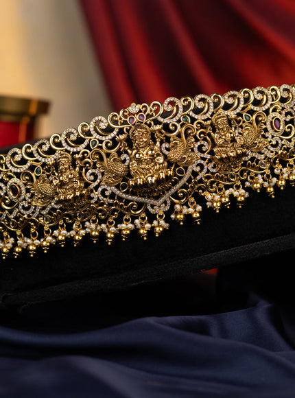 Antique self embosse hip belt lakshmi design with kemp & cz stones and pearl hangings