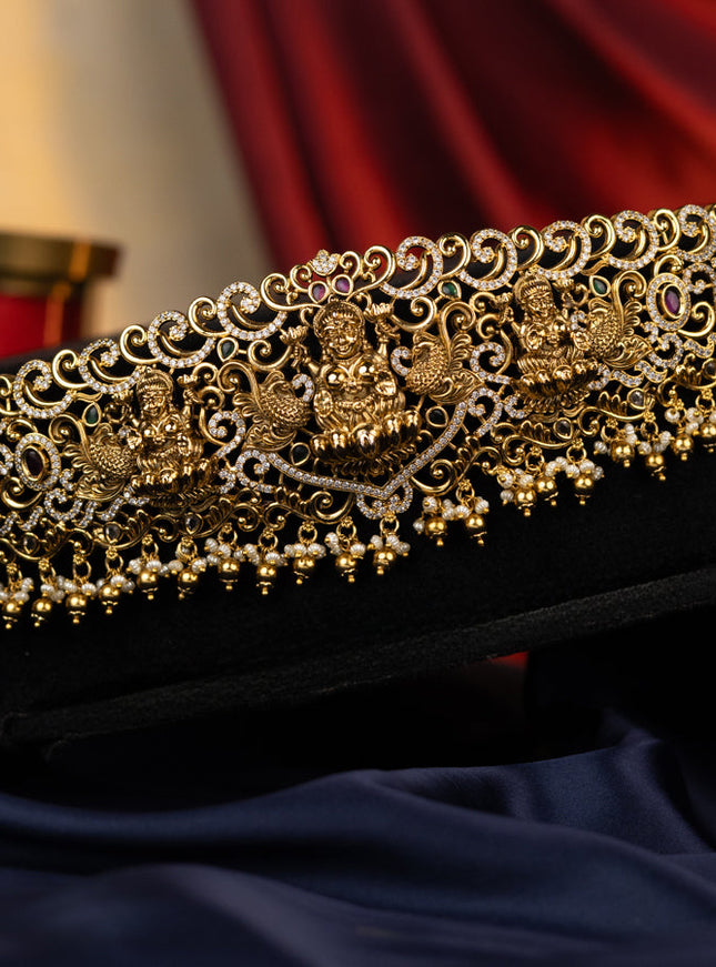 Antique self embosse hip belt lakshmi design with kemp & cz stones and pearl hangings
