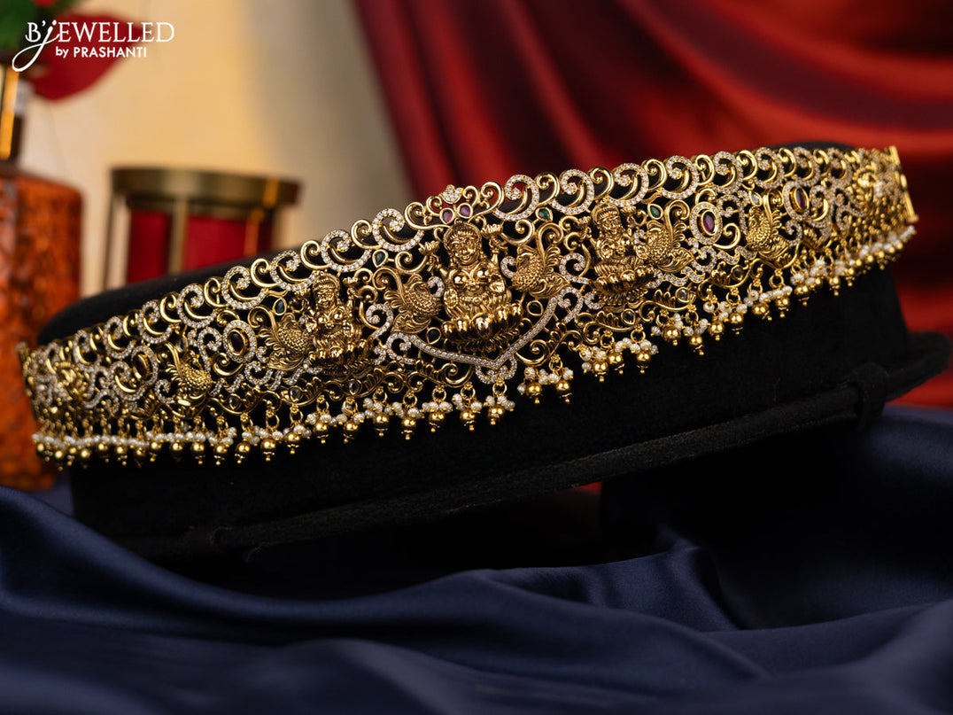 Antique self embosse hip belt lakshmi design with kemp & cz stones and pearl hangings