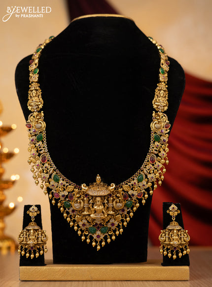 Antique haaram lakshmi design with kemp & cz stones gold beads hangings