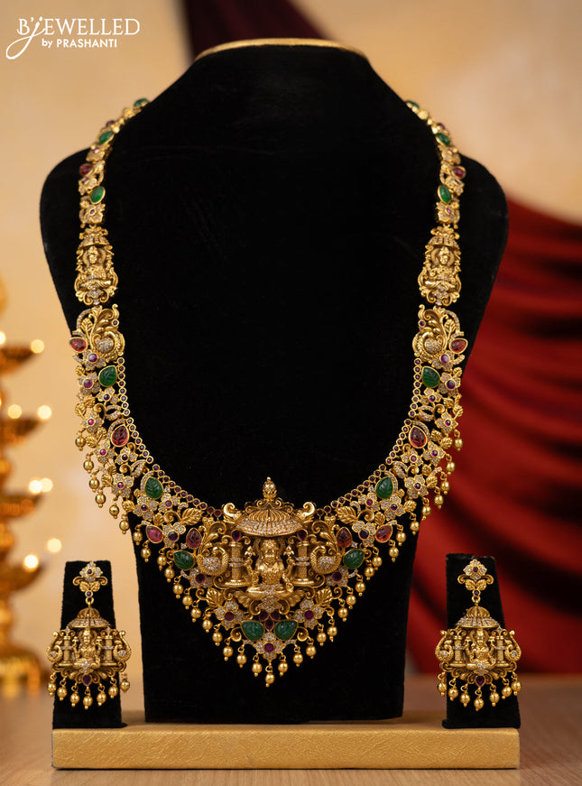 Antique haaram lakshmi design with kemp & cz stones gold beads hangings