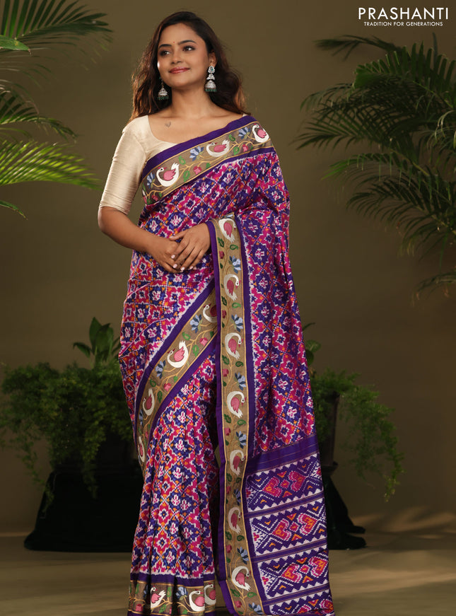 Violet & Pink Pochampally Silk saree with Border Embroidery