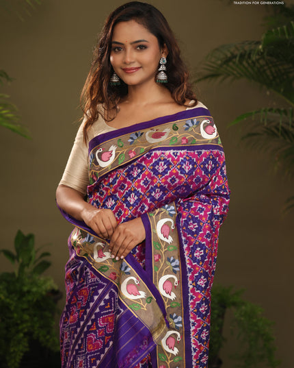 Violet & Pink Pochampally Silk saree with Border Embroidery