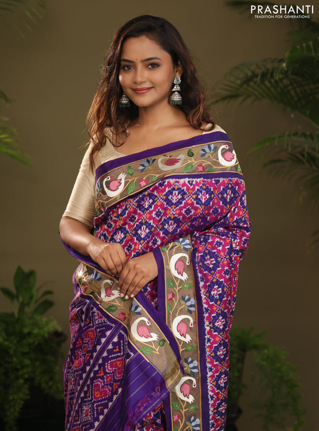 Violet & Pink Pochampally Silk saree with Border Embroidery