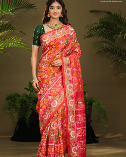 Pink & orange Pochampally Silk saree with Border Embroidery