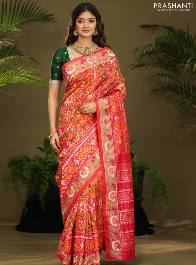 Pink & orange Pochampally Silk saree with Border Embroidery