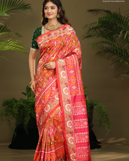 Pink & orange Pochampally Silk saree with Border Embroidery