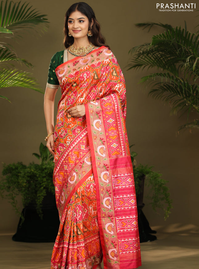 Pink & orange Pochampally Silk saree with Border Embroidery
