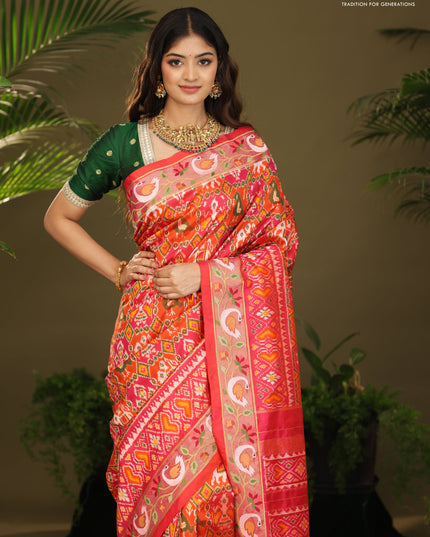 Pink & orange Pochampally Silk saree with Border Embroidery
