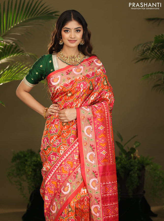 Pink & orange Pochampally Silk saree with Border Embroidery