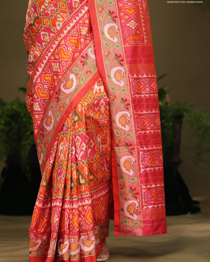 Pink & orange Pochampally Silk saree with Border Embroidery