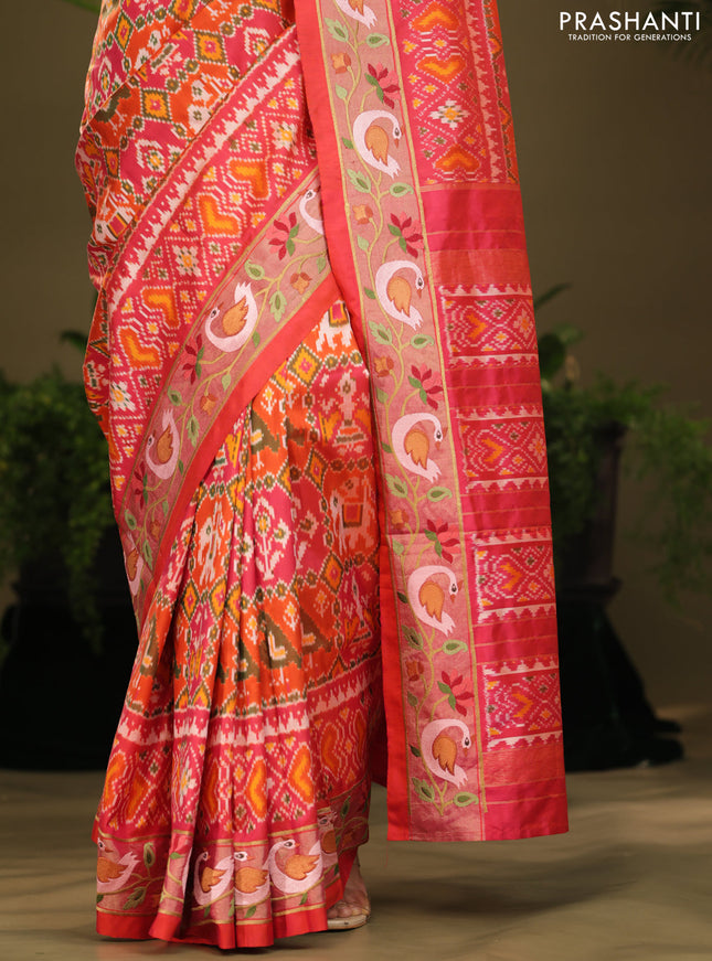 Pink & orange Pochampally Silk saree with Border Embroidery
