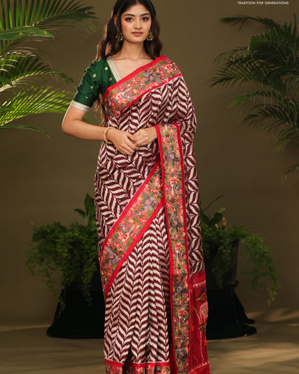 Brown & Pink Pochampally Silk saree with Border Embroidery & pichwai pallu