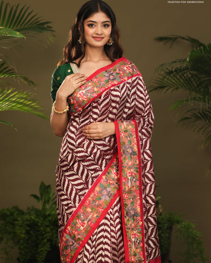 Brown & Pink Pochampally Silk saree with Border Embroidery & pichwai pallu