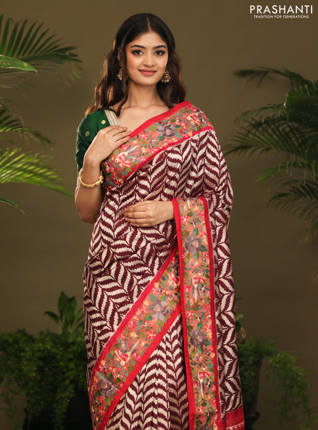 Brown & Pink Pochampally Silk saree with Border Embroidery & pichwai pallu