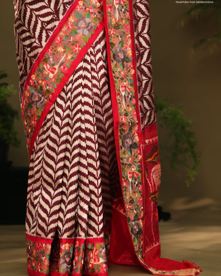 Brown & Pink Pochampally Silk saree with Border Embroidery & pichwai pallu