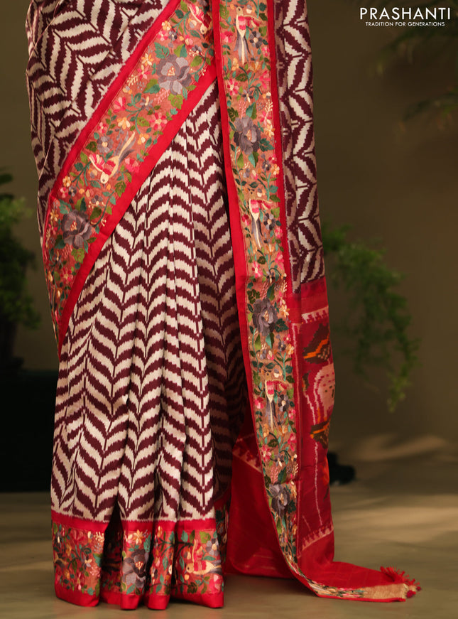 Brown & Pink Pochampally Silk saree with Border Embroidery & pichwai pallu