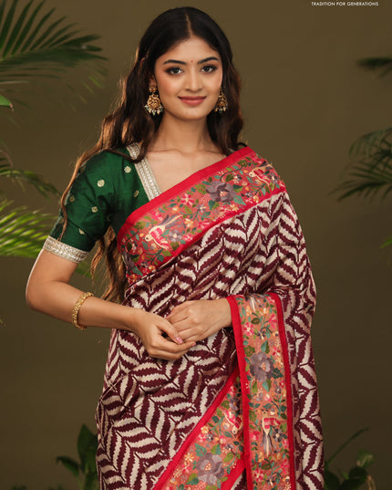 Brown & Pink Pochampally Silk saree with Border Embroidery & pichwai pallu
