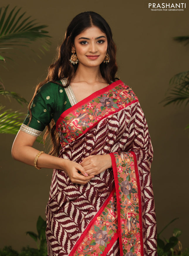 Brown & Pink Pochampally Silk saree with Border Embroidery & pichwai pallu
