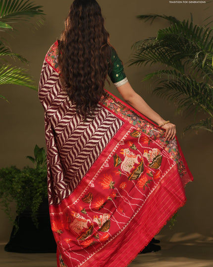 Brown & Pink Pochampally Silk saree with Border Embroidery & pichwai pallu