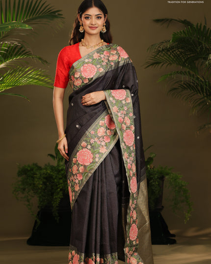 Dark navy blue Kanchipuram Silk with Border Embroidery