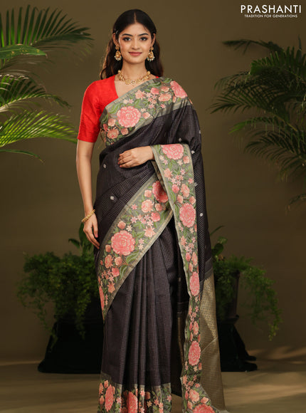 Dark navy blue Kanchipuram Silk with Border Embroidery