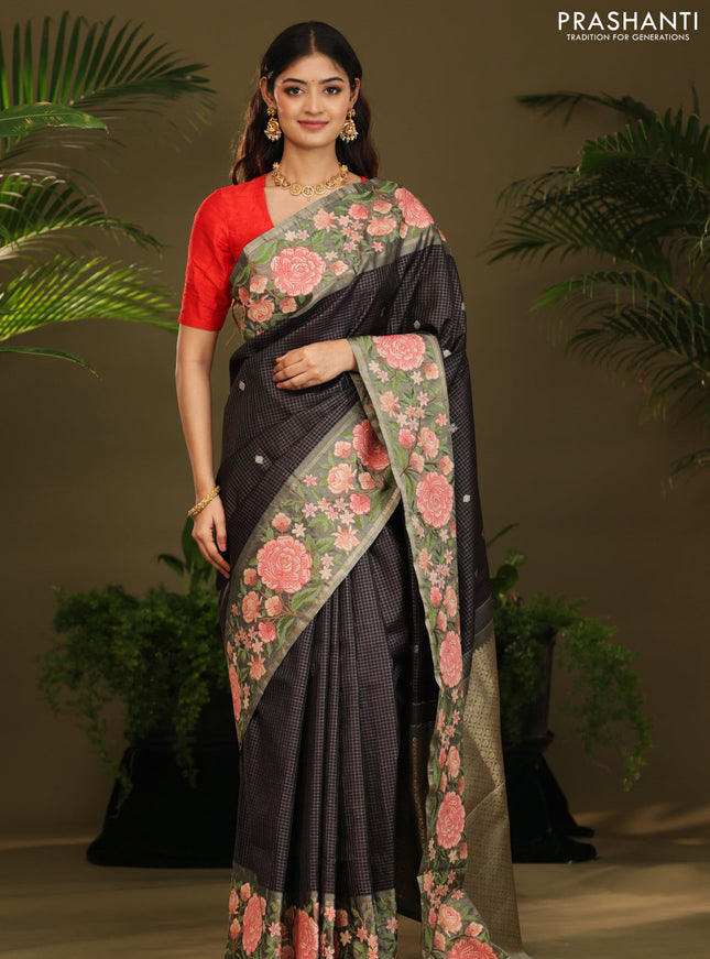 Dark navy blue Kanchipuram Silk with Border Embroidery
