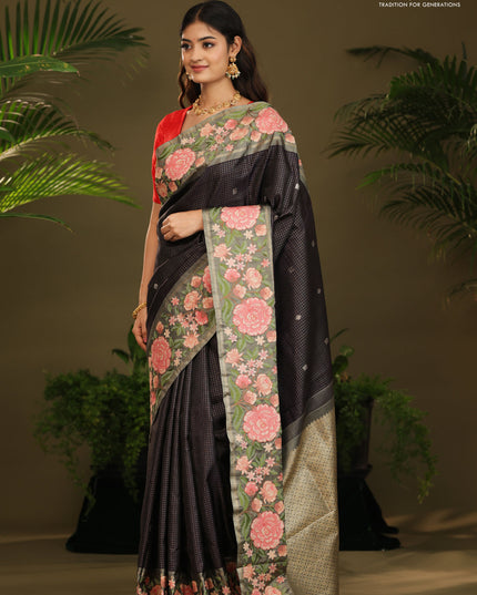 Dark navy blue Kanchipuram Silk with Border Embroidery