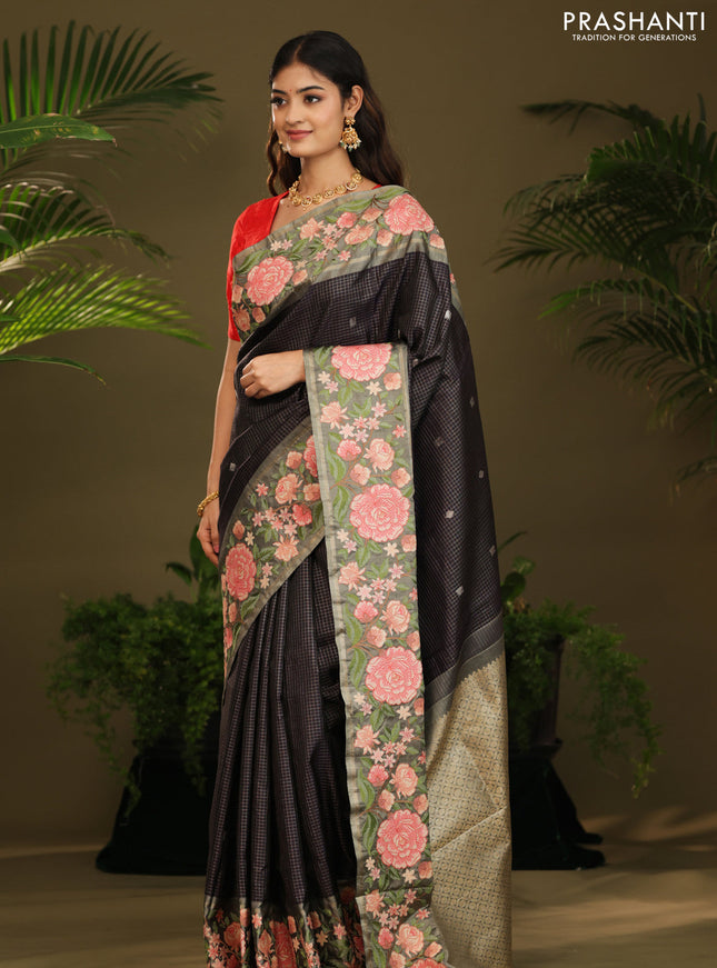 Dark navy blue Kanchipuram Silk with Border Embroidery