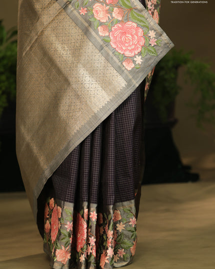 Dark navy blue Kanchipuram Silk with Border Embroidery