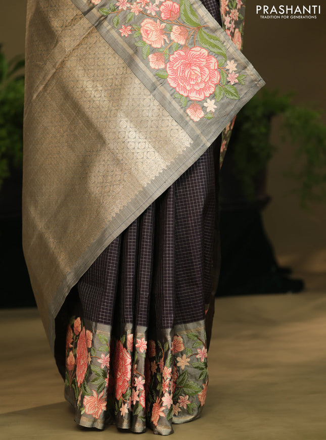 Dark navy blue Kanchipuram Silk with Border Embroidery