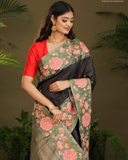 Dark navy blue Kanchipuram Silk with Border Embroidery