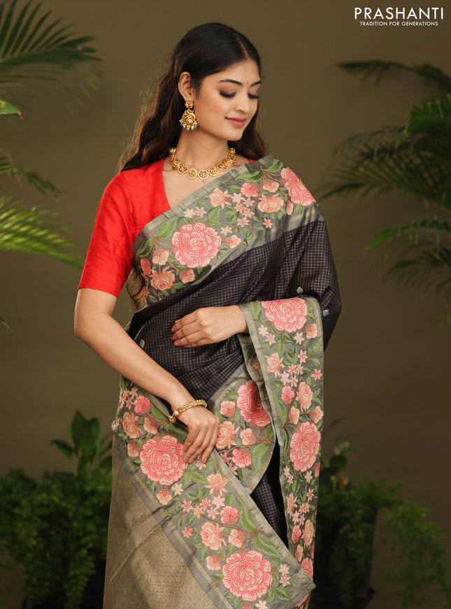 Dark navy blue Kanchipuram Silk with Border Embroidery