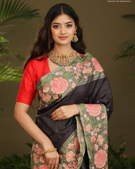 Dark navy blue Kanchipuram Silk with Border Embroidery