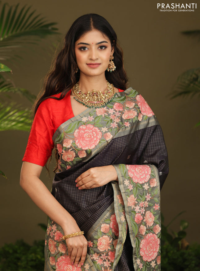 Dark navy blue Kanchipuram Silk with Border Embroidery
