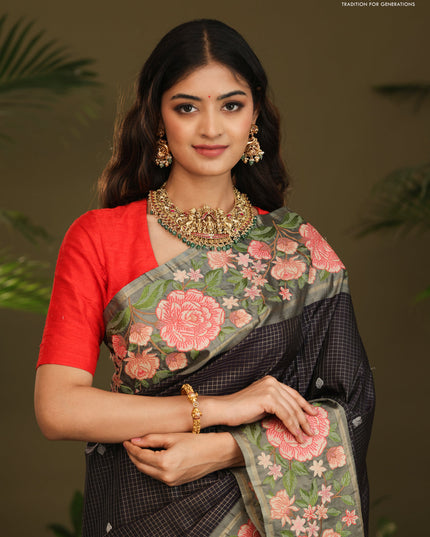 Dark navy blue Kanchipuram Silk with Border Embroidery