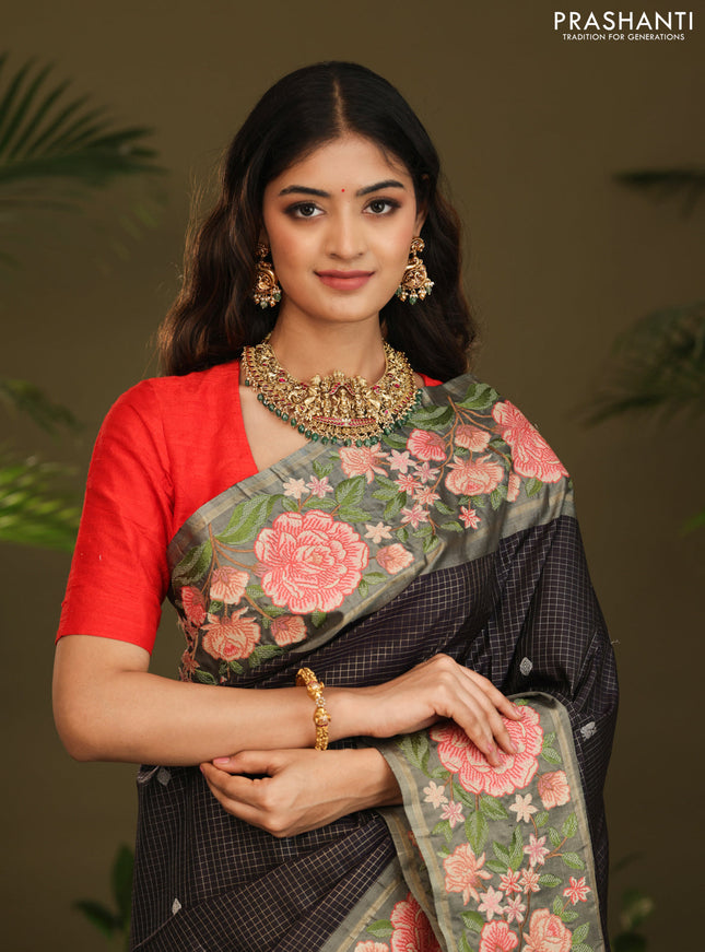 Dark navy blue Kanchipuram Silk with Border Embroidery