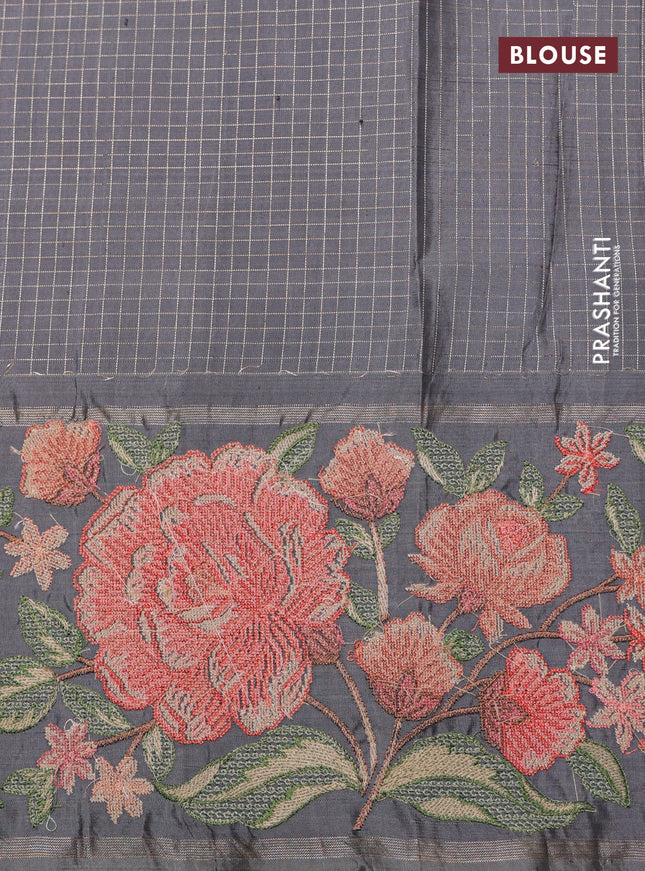 Dark navy blue Kanchipuram Silk with Border Embroidery